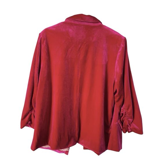 Skies are Blue Curvy Velvet Blazer Jacket Womens 2X Magenta 3/4 Ruched Sleeve - Picture 3 of 10
